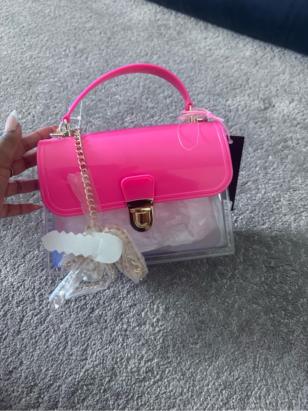 Clear Mini Crossbody Bag with Hot Pink Flap and Gold Chain